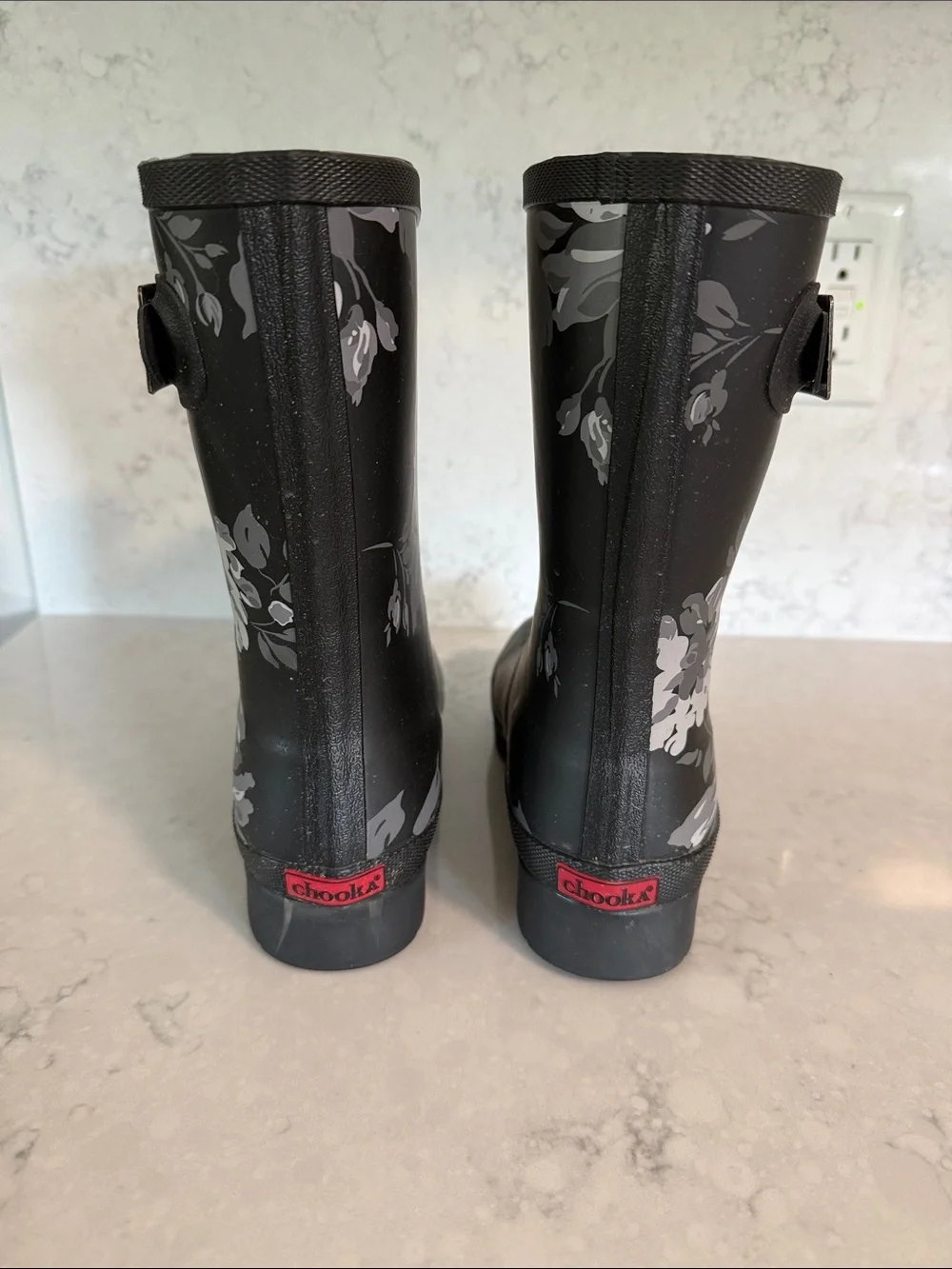 chooka Black Floral Waterproof Rain Boots with Gray Print